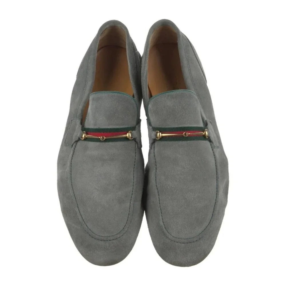 Gucci Mens Grey Suede Web Horsebit Loafers Size 10 Italy Luxury Shoes Gucci Suede Horsebit Loafers | Saks Fifth Avenue main image 4
